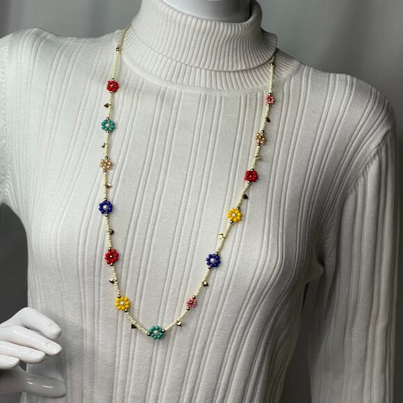multi colored fun necklace with matching pierced stud earrings white red blue - Picture 12 of 16